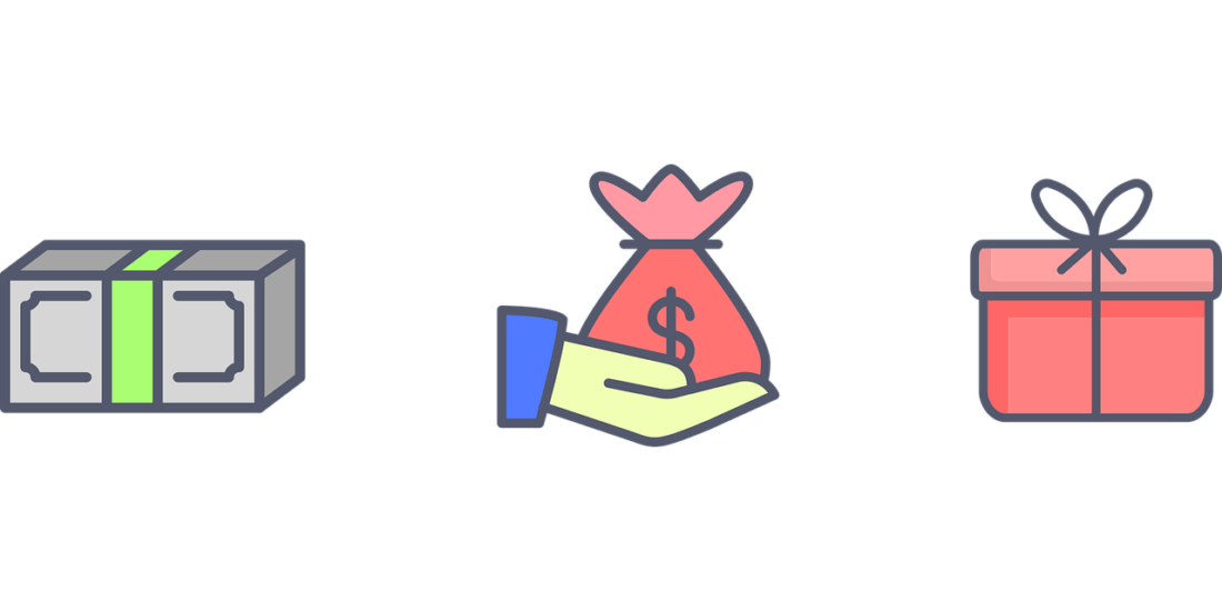 a cartoon hand holding a bag of money next to a stack of dollar bills and a gift box