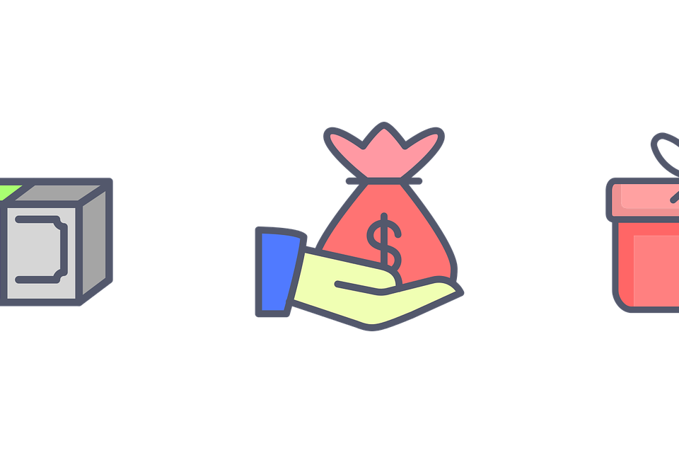 a cartoon hand holding a bag of money next to a stack of dollar bills and a gift box