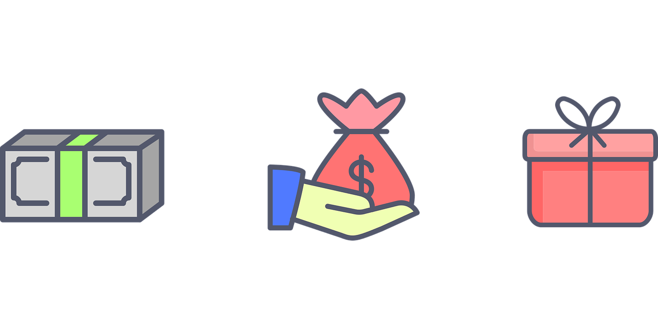 a cartoon hand holding a bag of money next to a stack of dollar bills and a gift box