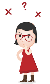 a cartoon girl in a red dress with a question mark above her head