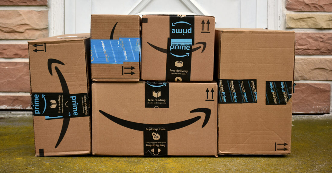 several Amazon Prime boxes stacked on top of each other