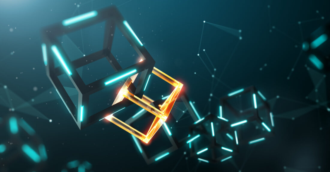 an abstract image of glowing cubes on a dark teal background