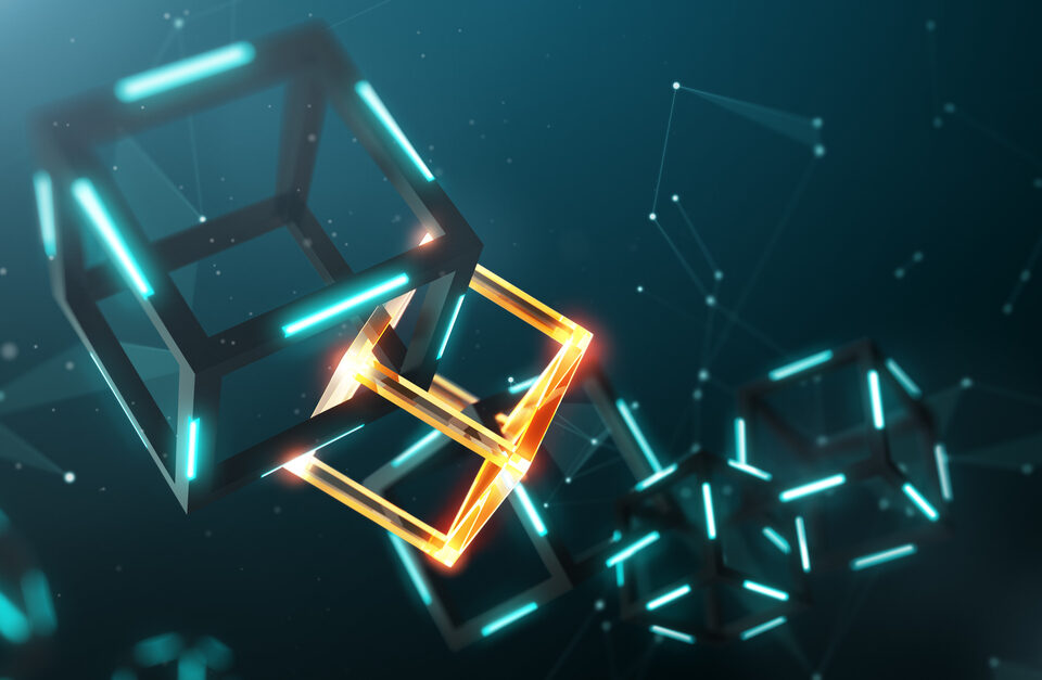 an abstract image of glowing cubes on a dark teal background
