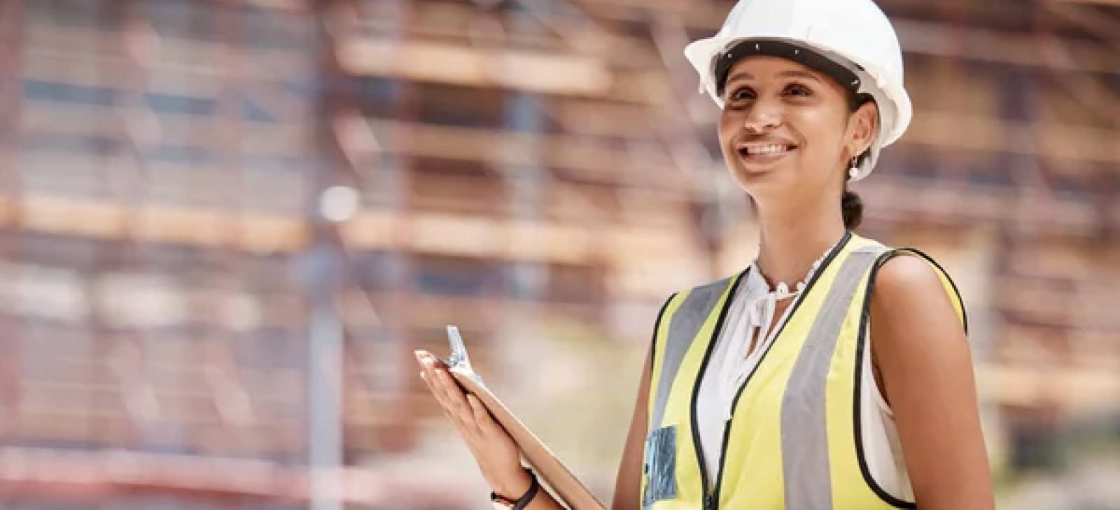 Smiling female construction worker in construction gear on a work site